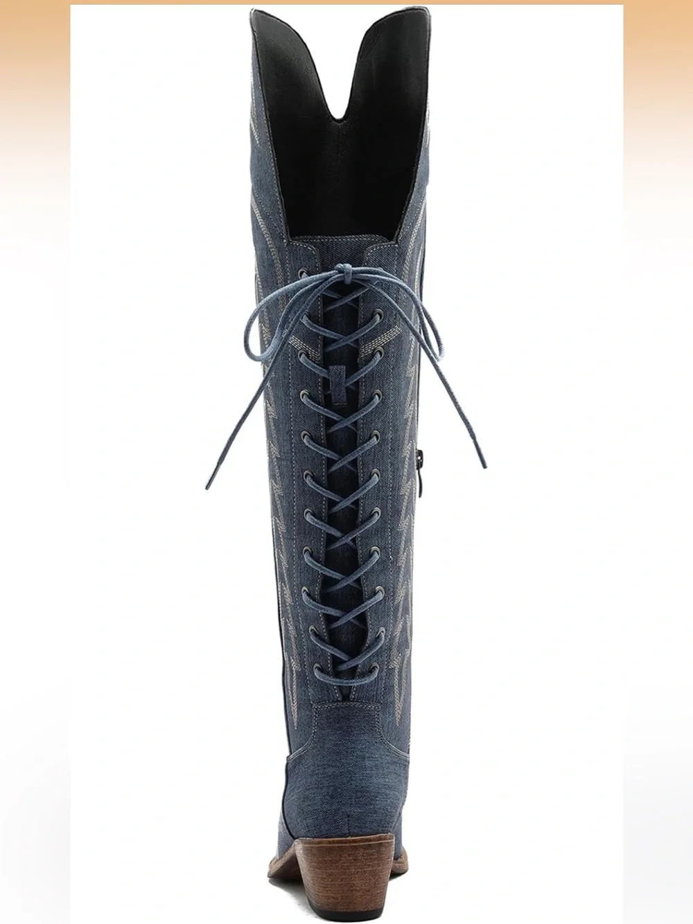Denim Blue Lace-Up Western Over Knee Boot